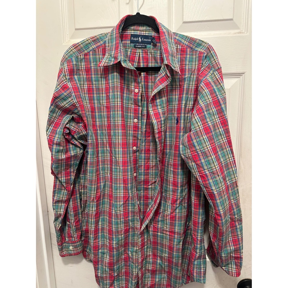 Ralph Lauren Classic Fit Plaid Button Down Shirt Mens 16 L Red Green Multi Color